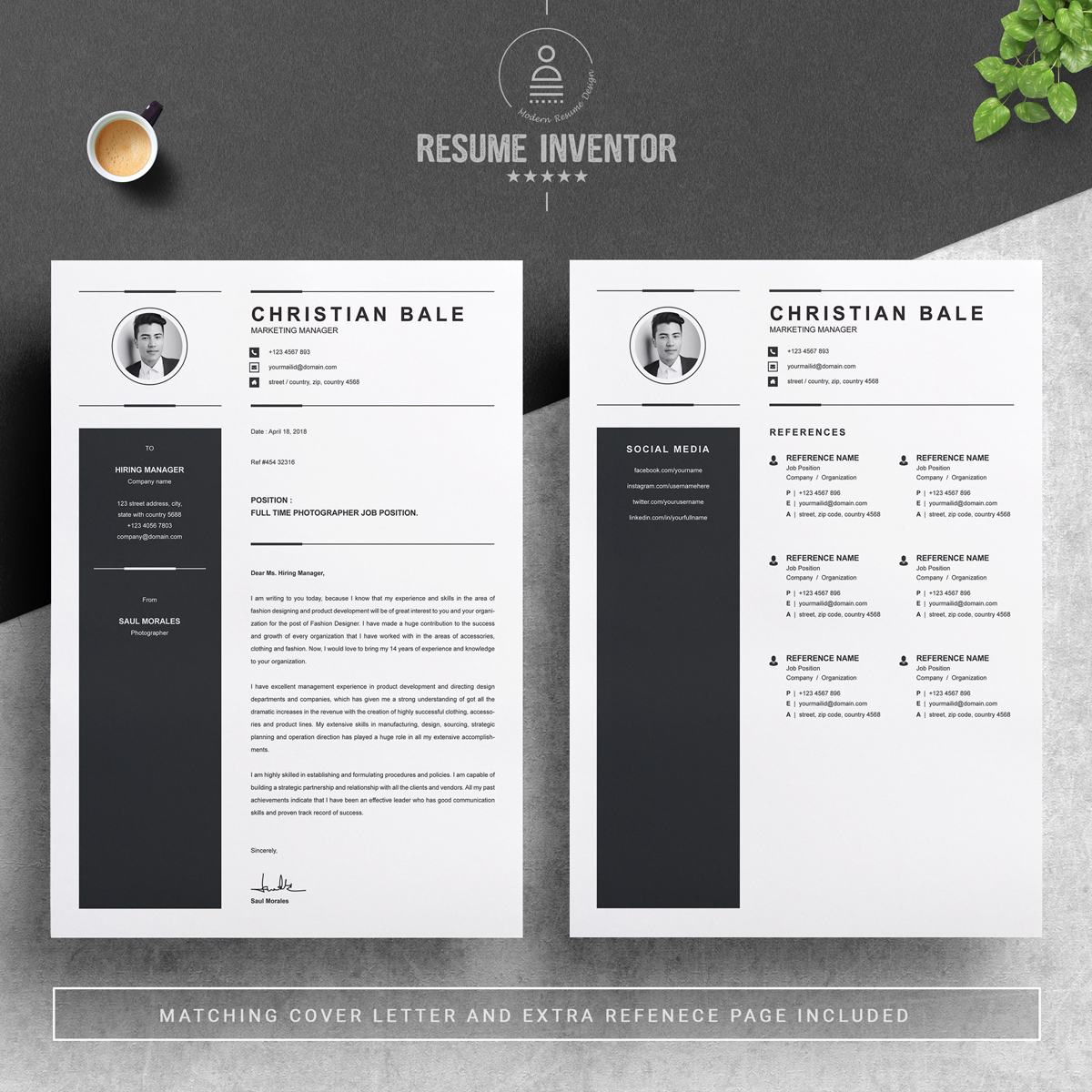 Download Резюме "Christian Bale - Resume Template" / Christian Bale - Resume Template - Резюме на тему графика professional resume cv template design word clean modern 2 page cover letter apple pages psd minimal microsoft mac photoshop illustrator