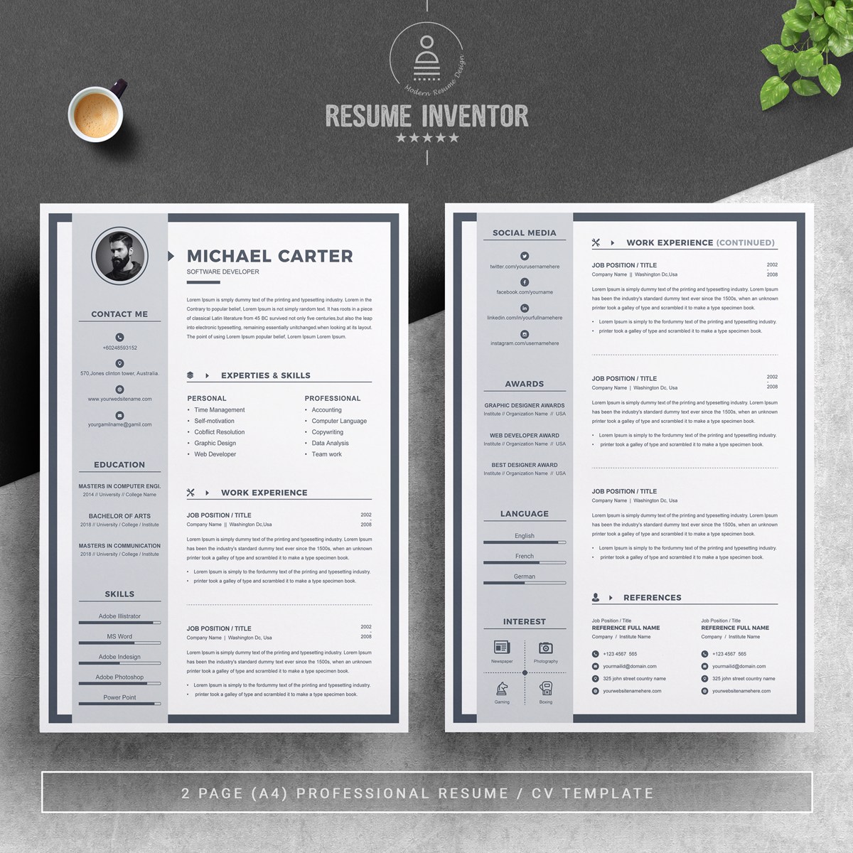 Download Резюме "Michael Carter Resume Template" / Michael Carter Resume Template - Резюме на тему графика professional resume cv template design word clean modern 2 page cover letter apple pages psd minimal microsoft mac photoshop illustrator