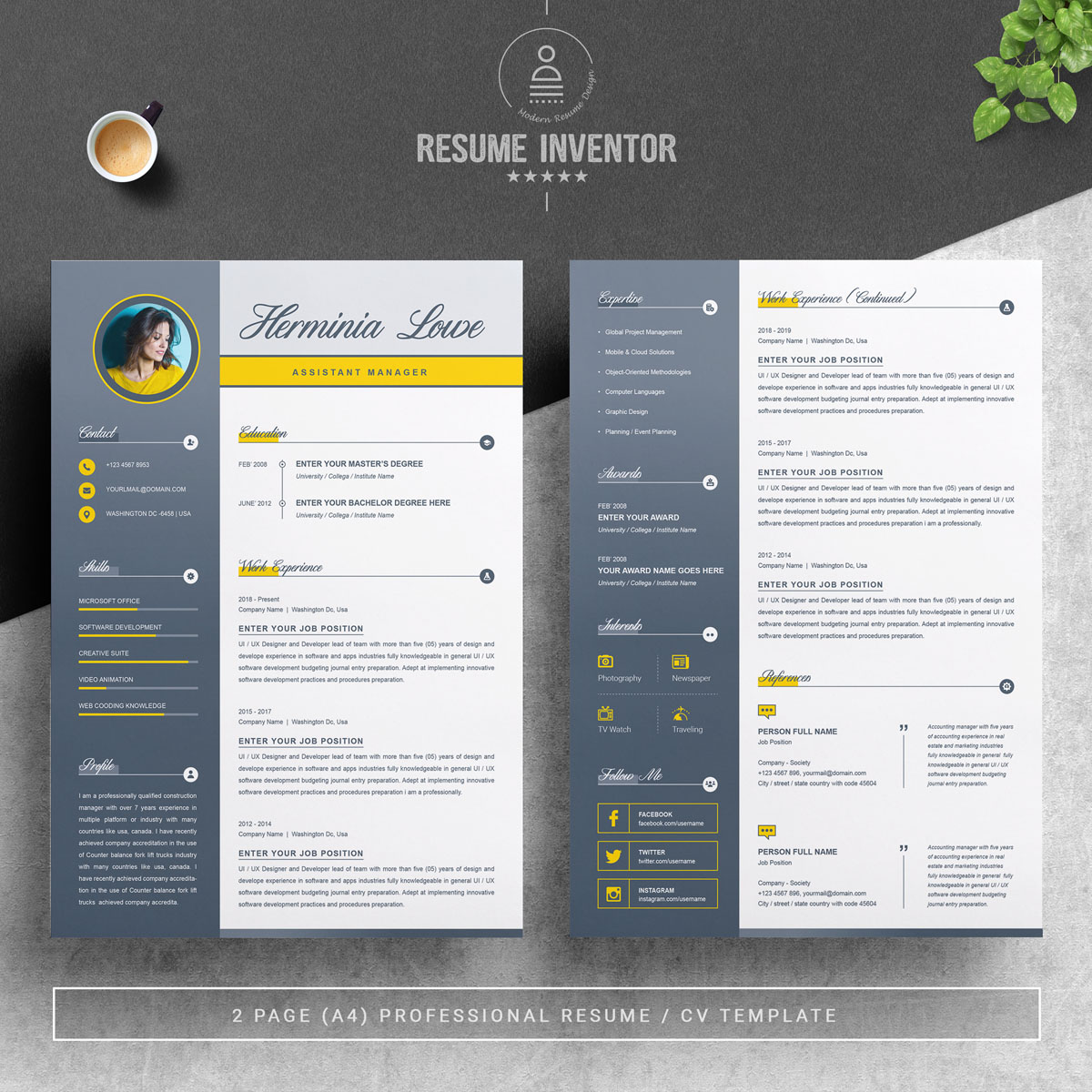 Download Резюме "Herminia Lowe - Resume Template" / Herminia Lowe - Resume Template - Резюме на тему графика professional resume cv template design word clean modern 2 page cover letter apple pages psd minimal microsoft mac photoshop illustrator