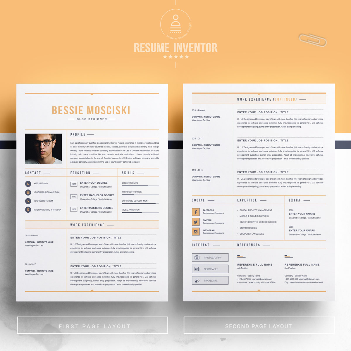 Download Резюме "Bessie Mosciski Resume Template" / Bessie Mosciski Resume Template - Резюме на тему графика professional resume cv template design word clean modern 2 page cover letter apple pages psd minimal microsoft mac photoshop illustrator