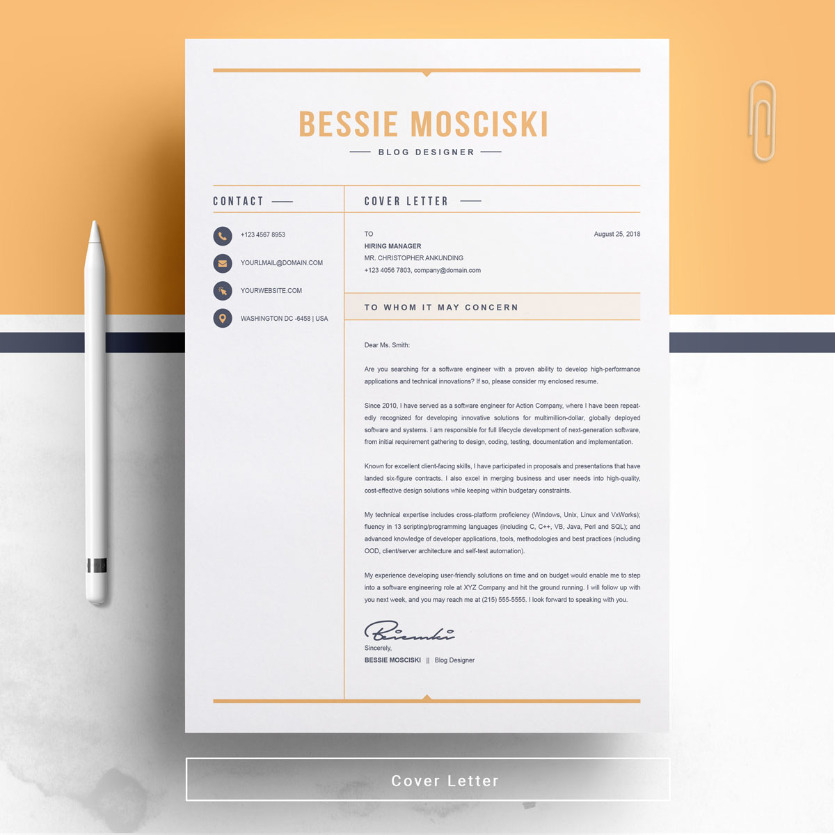 Download Резюме "Bessie Mosciski Resume Template" / Bessie Mosciski Resume Template - Резюме на тему графика professional resume cv template design word clean modern 2 page cover letter apple pages psd minimal microsoft mac photoshop illustrator