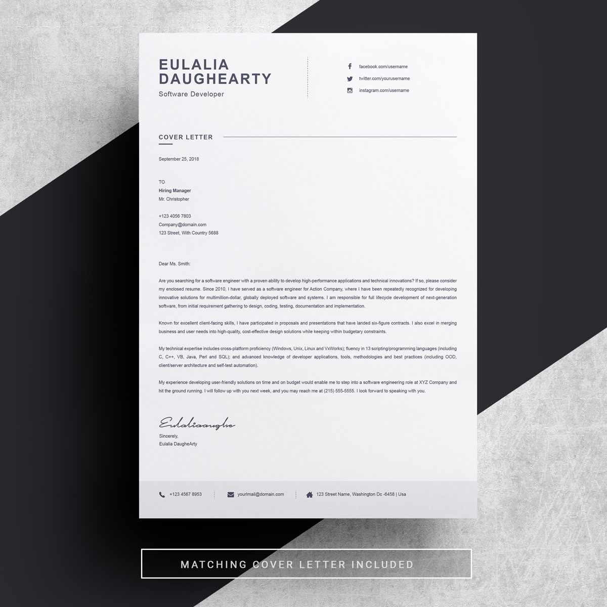 Download Резюме "Eulalia Daughearty Resume Template" / Eulalia Daughearty Resume Template - Резюме на тему графика professional resume cv template design word clean modern 2 page cover letter apple pages psd minimal microsoft mac photoshop illustrator