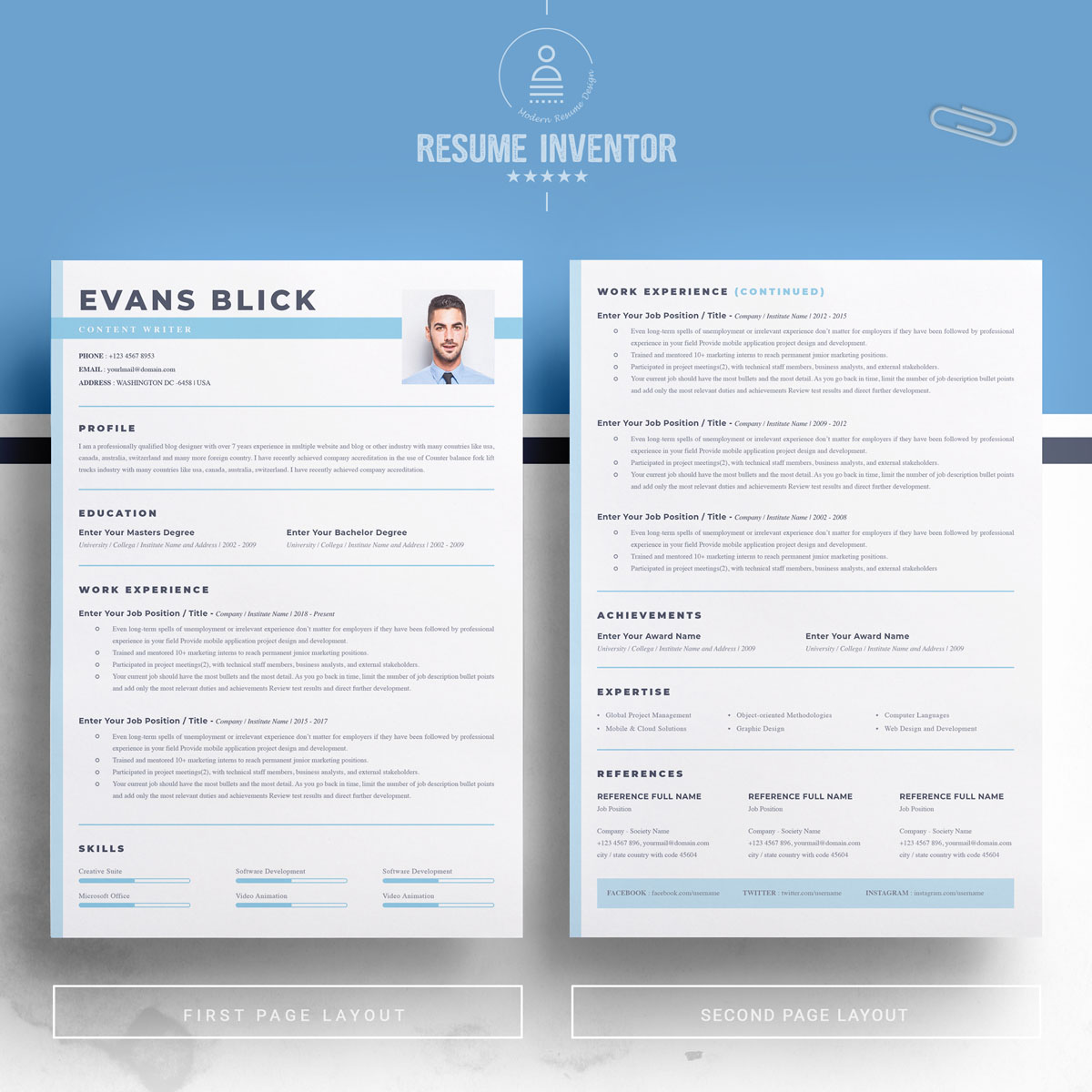 Download Резюме "Evans Blick Resume Template" / Evans Blick Resume Template - Резюме на тему графика professional resume cv template design word clean modern 2 page cover letter apple pages psd minimal microsoft mac photoshop illustrator