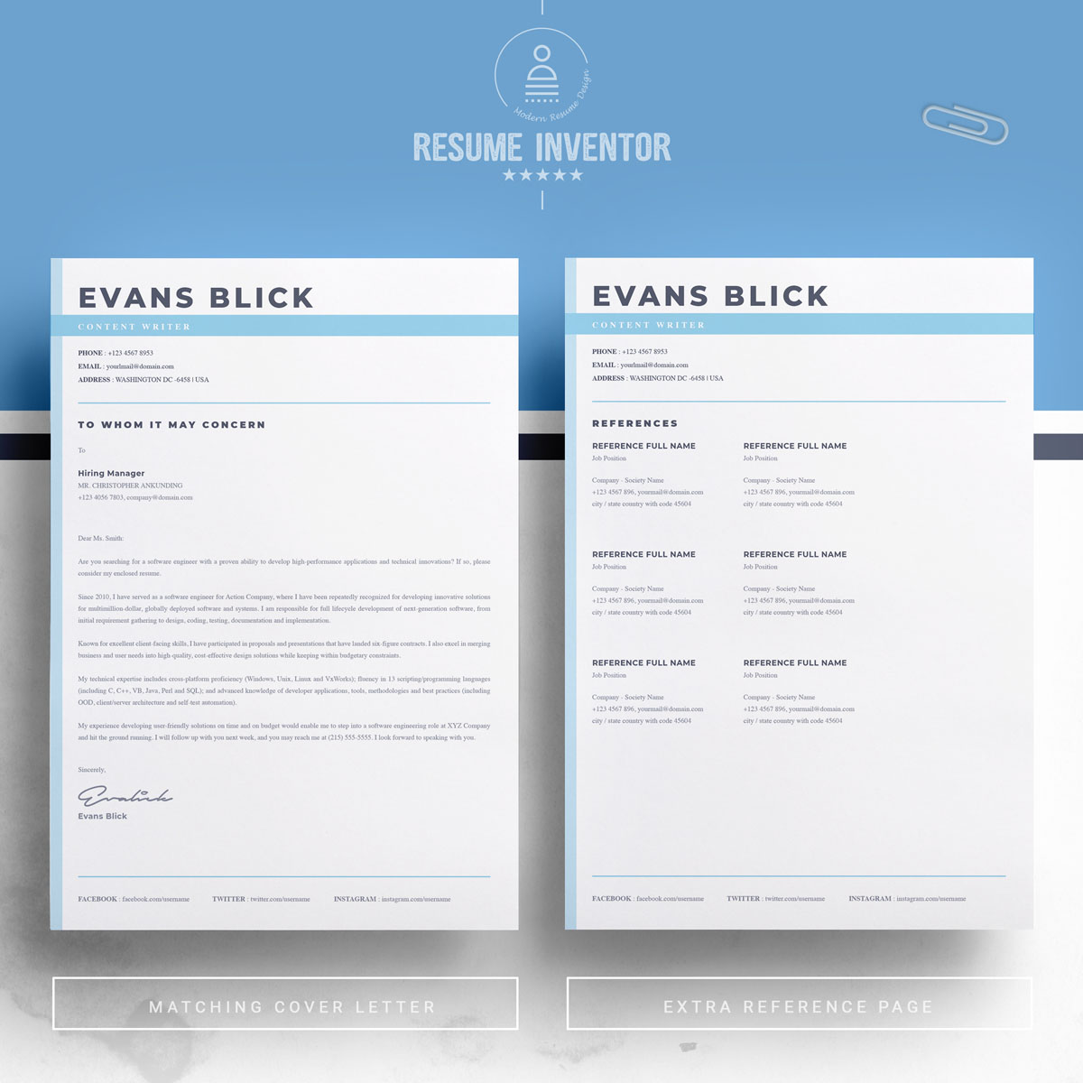 Download Резюме "Evans Blick Resume Template" / Evans Blick Resume Template - Резюме на тему графика professional resume cv template design word clean modern 2 page cover letter apple pages psd minimal microsoft mac photoshop illustrator