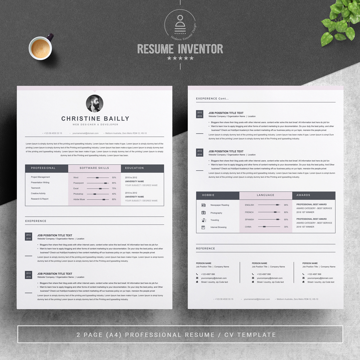 Download Резюме "Christine Bailly Resume Template" / Christine Bailly Resume Template - Резюме на тему графика professional resume cv template design word clean modern 2 page cover letter apple pages psd minimal microsoft mac photoshop illustrator