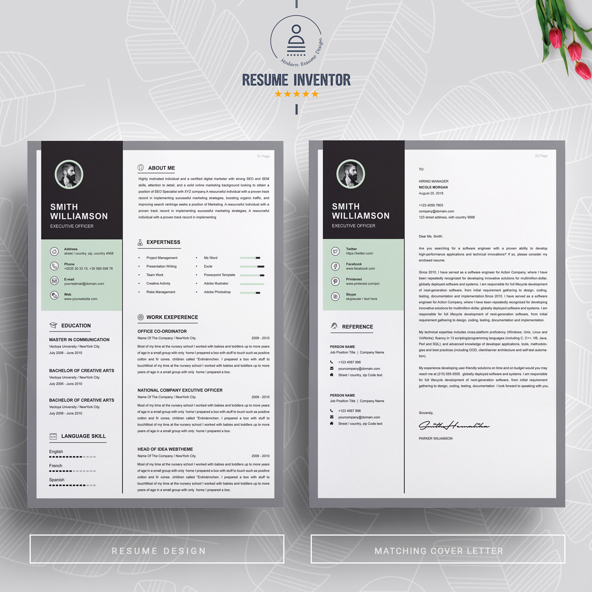 Download Резюме "Smith Resume Template" / Smith Resume Template - Резюме на тему графика 1 page resume 2 clean cv cover letter design template illustrator eps mac pages microsoft word modern photoshop psd professional