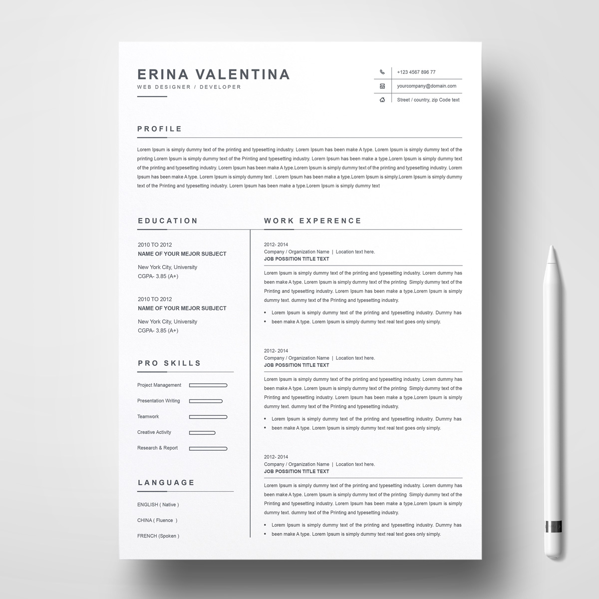 Download Резюме "Erina Valentina Resume Template" / Erina Valentina Resume Template - Резюме на тему графика 1 page resume 2 3 clean cover letter curriculum vitae cv template illustrator eps instant download mac pages microsoft word