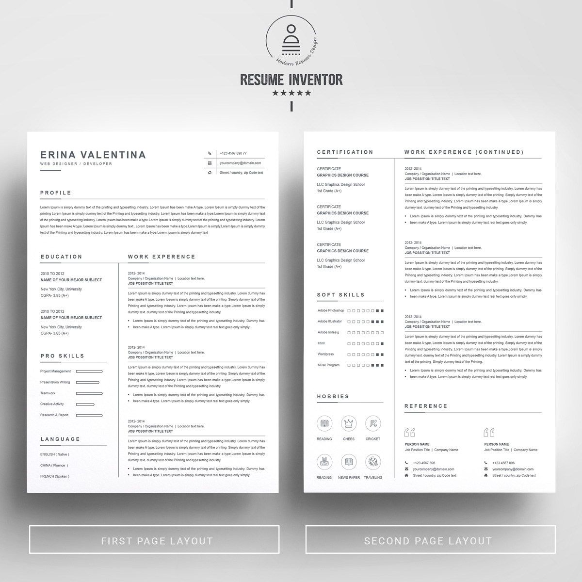 Download Резюме "Erina Valentina Resume Template" / Erina Valentina Resume Template - Резюме на тему графика 1 page resume 2 3 clean cover letter curriculum vitae cv template illustrator eps instant download mac pages microsoft word