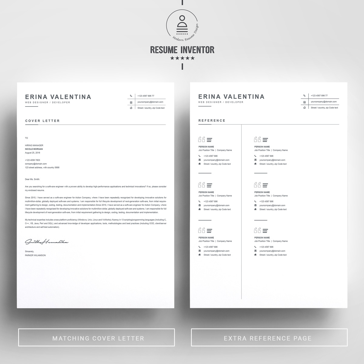 Download Резюме "Erina Valentina Resume Template" / Erina Valentina Resume Template - Резюме на тему графика 1 page resume 2 3 clean cover letter curriculum vitae cv template illustrator eps instant download mac pages microsoft word