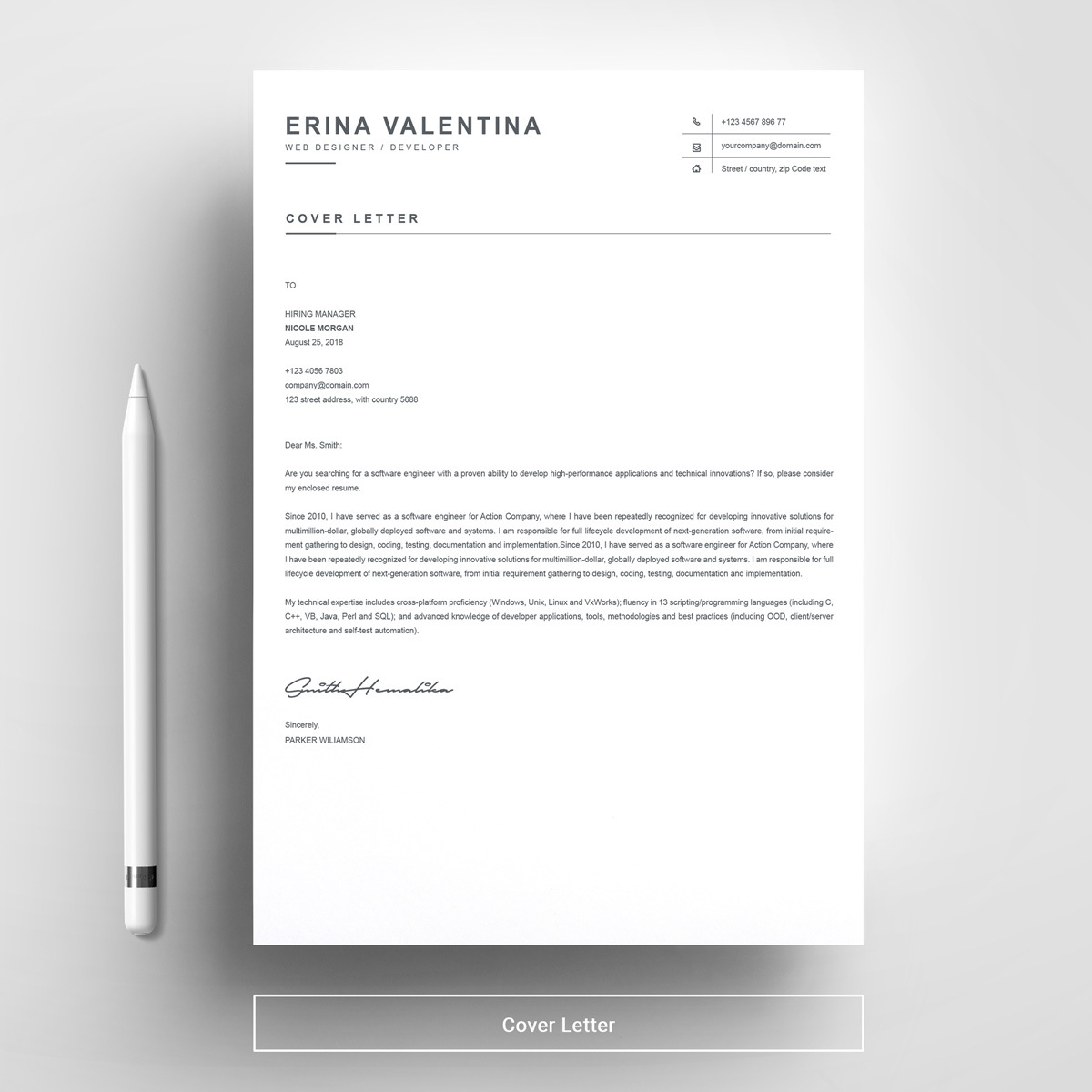 Download Резюме "Erina Valentina Resume Template" / Erina Valentina Resume Template - Резюме на тему графика 1 page resume 2 3 clean cover letter curriculum vitae cv template illustrator eps instant download mac pages microsoft word