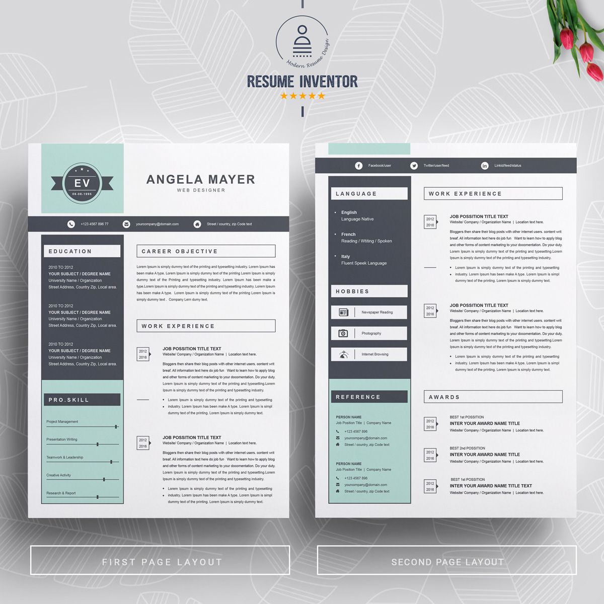 Download Резюме "Angela Resume Template" / Angela Resume Template - Резюме на тему графика 1 page resume 2 3 apple clean cover letter creative illustrator eps mac pages microsoft word minimal resume modern template
