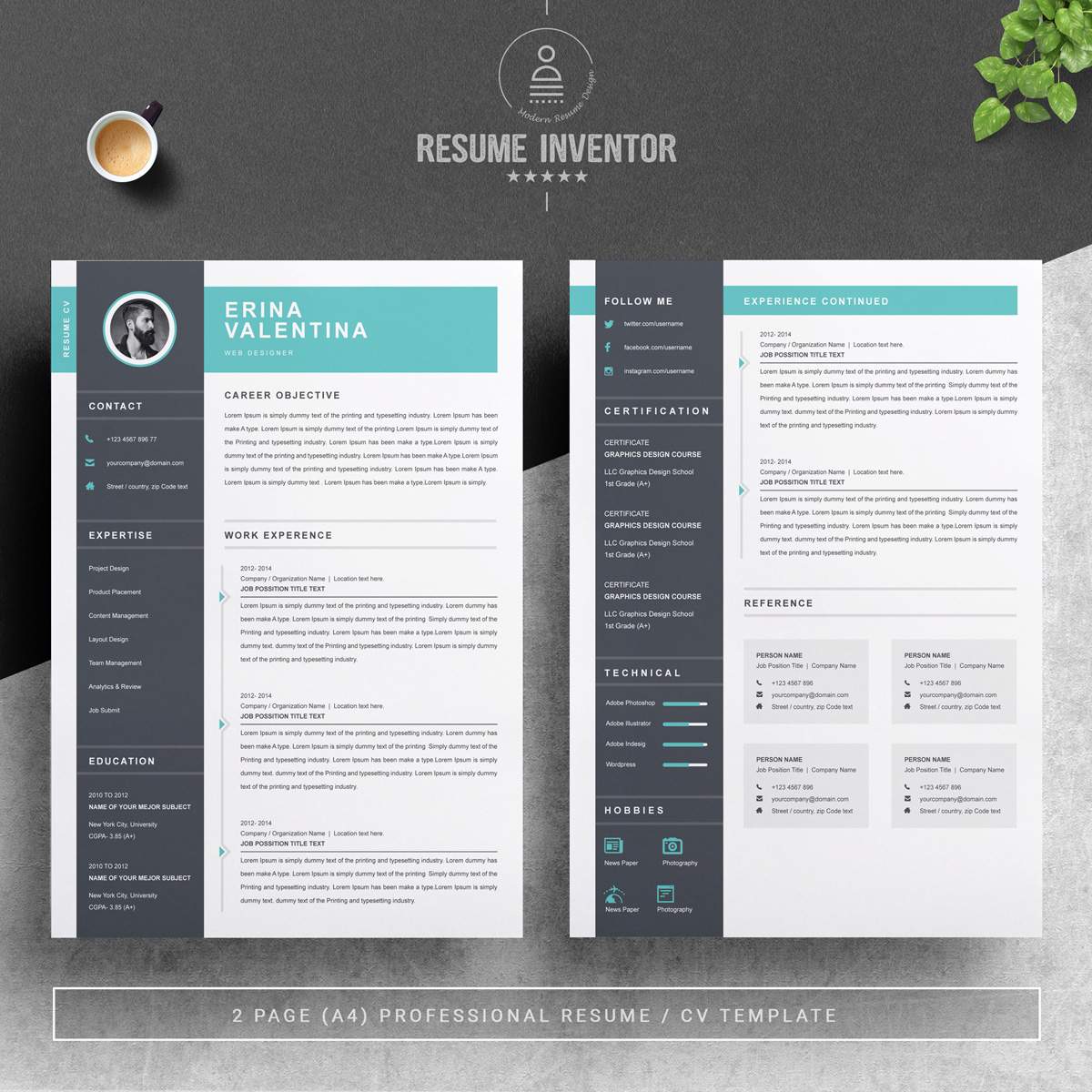 Download Резюме "Erina Valentina Resume Template" / Erina Valentina Resume Template - Резюме на тему графика 1 page resume 2 3 apple clean cover letter creative illustrator eps mac pages microsoft word minimal resume modern template