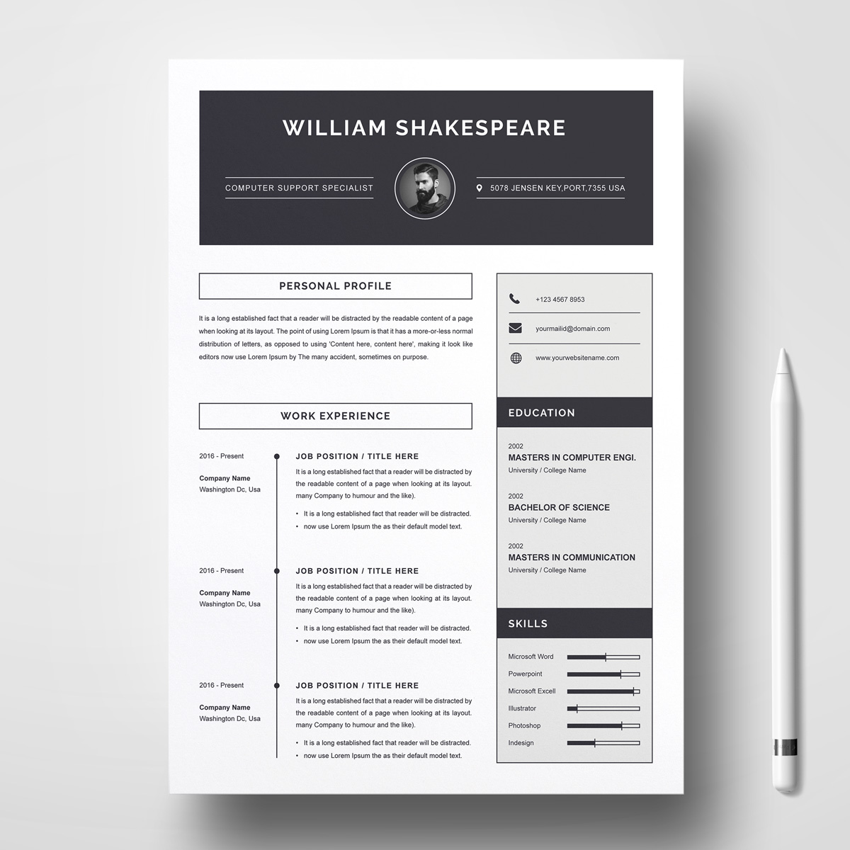 Download Резюме "Black & White Resume Template" / Black & White Resume Template - Резюме на тему графика 1 page resume 2 clean cv cover letter design template illustrator eps mac pages microsoft word modern photoshop psd professional