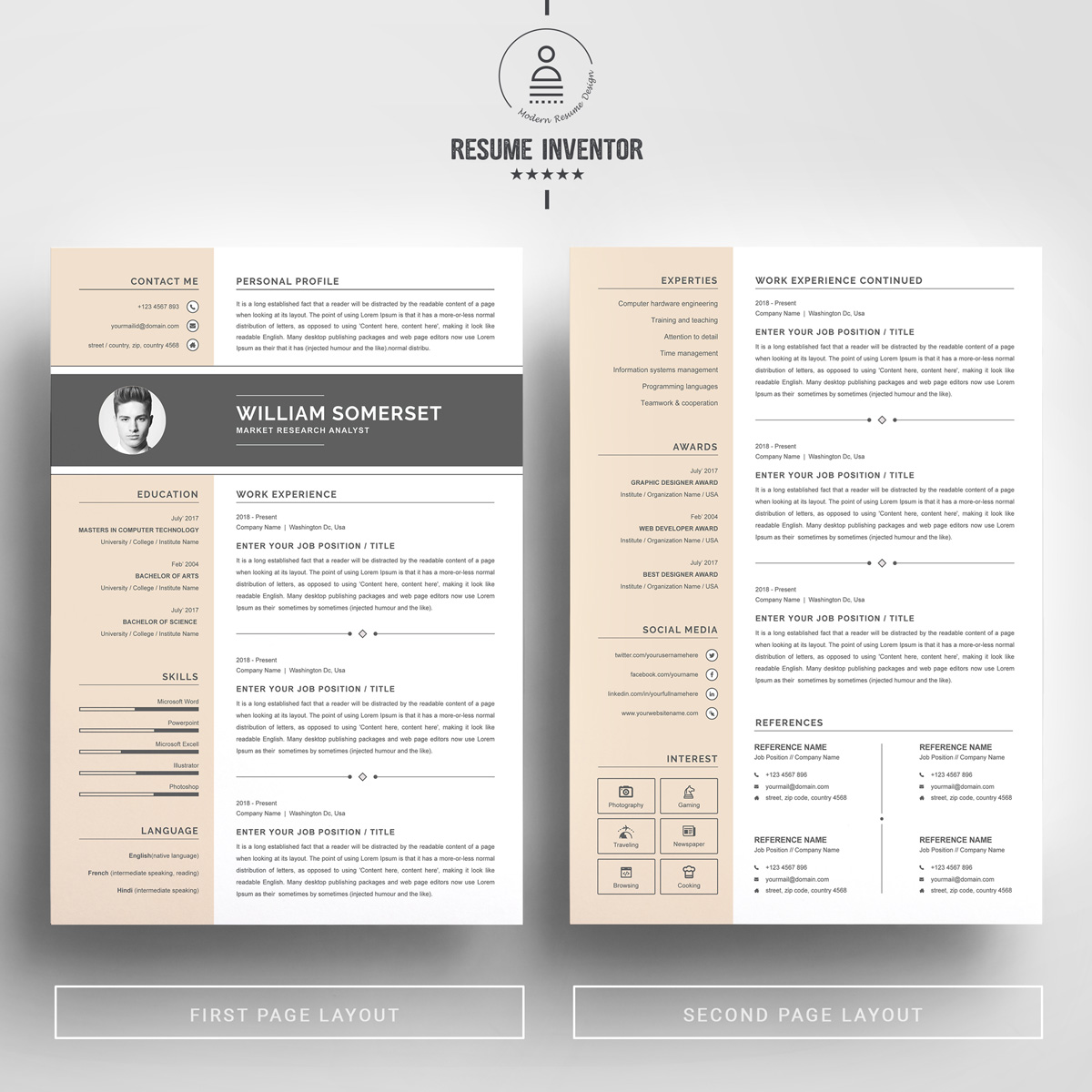 Download Резюме "William Resume Template" / William Resume Template - Резюме на тему графика 1 page resume 2 clean cv cover letter design template illustrator eps mac pages microsoft word modern photoshop psd professional