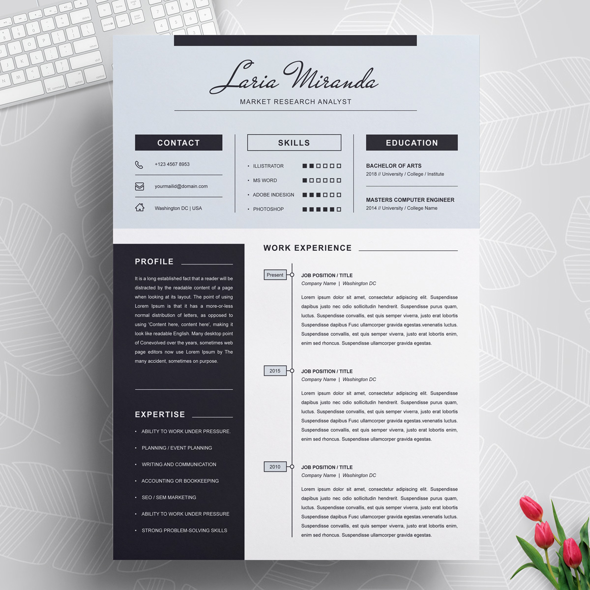 Download Резюме "Laria Resume Template" / Laria Resume Template - Резюме на тему графика 1 page resume 2 clean cv cover letter design template illustrator eps mac pages microsoft word modern photoshop psd professional