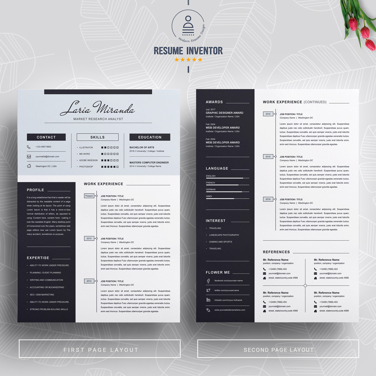 Download Резюме "Laria Resume Template" / Laria Resume Template - Резюме на тему графика 1 page resume 2 clean cv cover letter design template illustrator eps mac pages microsoft word modern photoshop psd professional