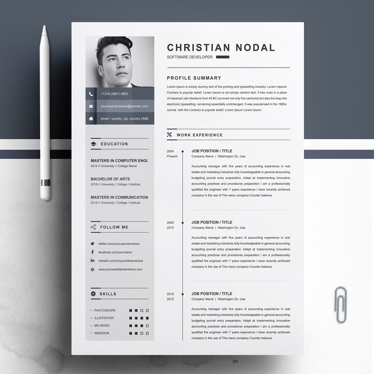 Download Резюме "Christian Resume Template" / Christian Resume Template - Резюме на тему графика 1 page resume 2 clean cv cover letter design template illustrator eps mac pages microsoft word modern photoshop psd professional