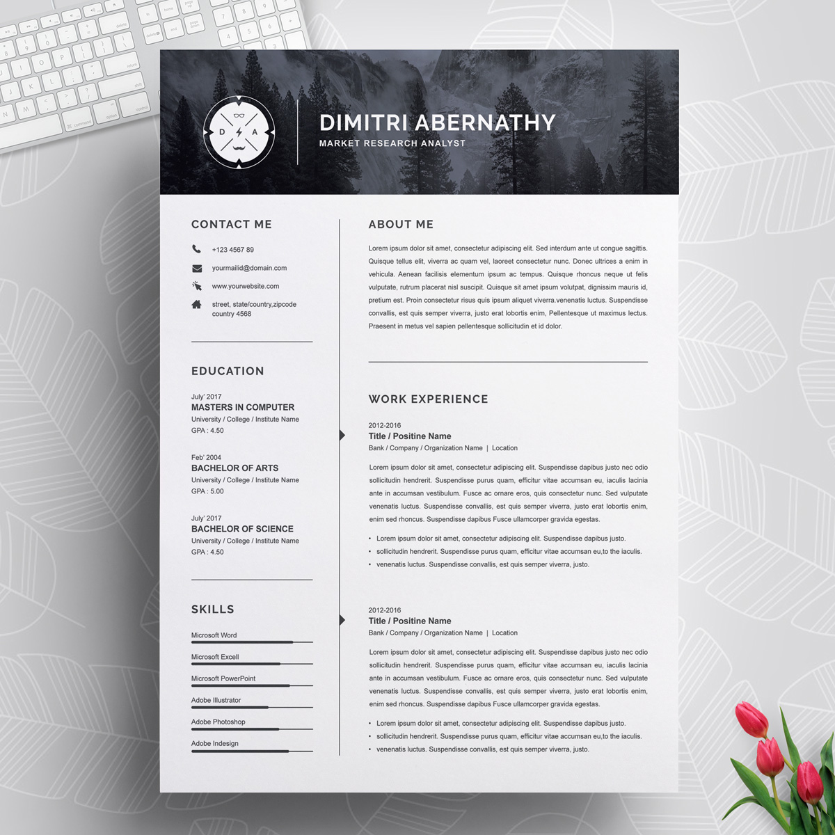 Download Резюме "Abarnathy Resume Template" / Abarnathy Resume Template - Резюме на тему графика 1 page resume 2 3 clean cover letter curriculum vitae cv template illustrator eps mac pages microsoft word minimal resume