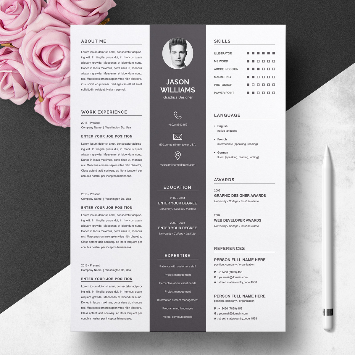 Download Резюме "Jason Resume Template" / Jason Resume Template - Резюме на тему графика 1 page resume 2 3 clean cover letter curriculum vitae cv template illustrator eps mac pages microsoft word minimal resume