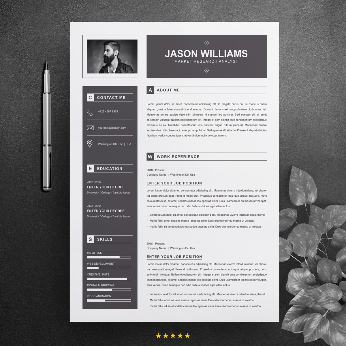 Download Резюме "Marketer Resume Template" / Marketer Resume Template - Резюме на тему графика 1 page resume 2 3 clean cover letter curriculum vitae cv template illustrator eps mac pages microsoft word minimal resume