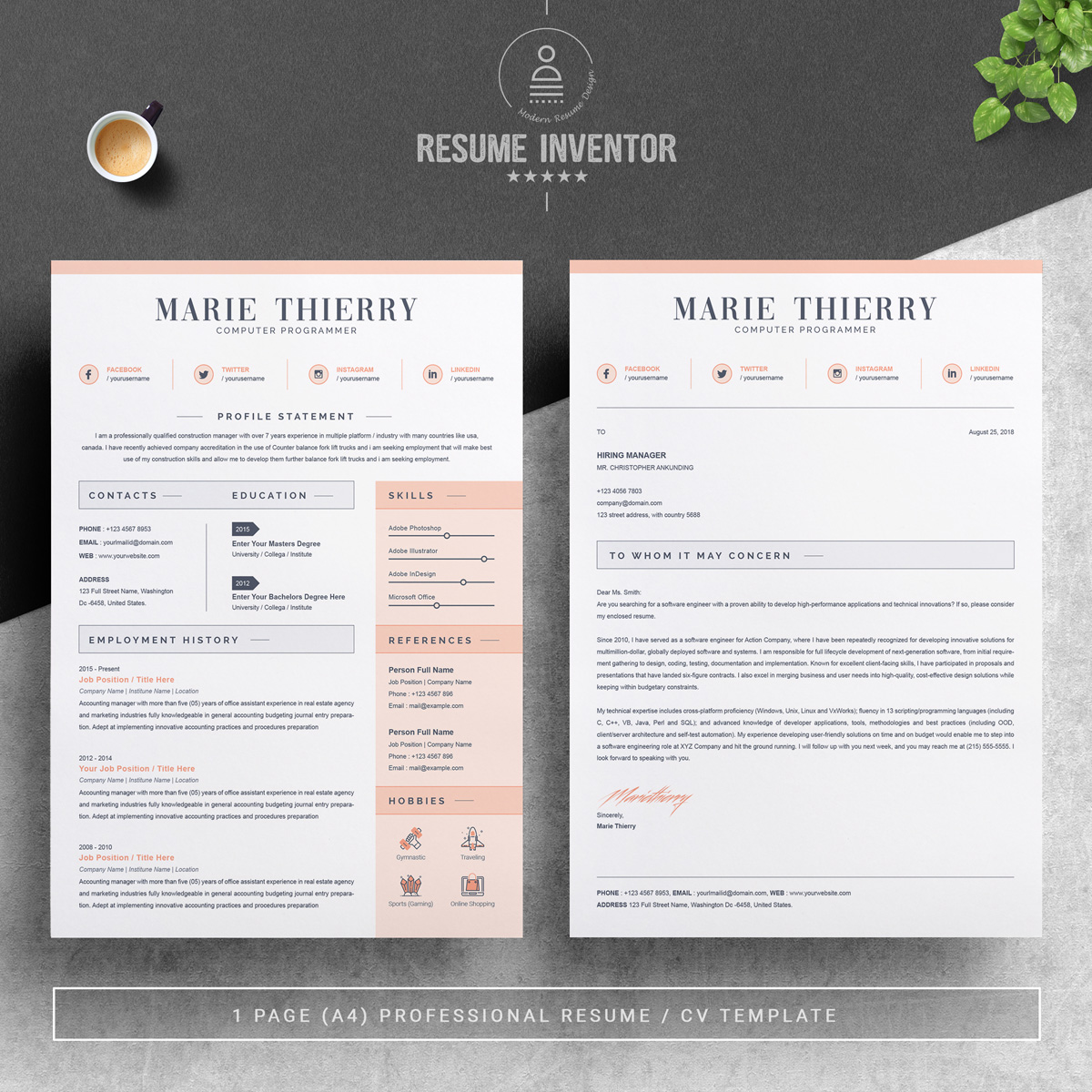 Download Резюме "Marie Resume Template" / Marie Resume Template - Резюме на тему графика 1 page cv resume 2 3 apple clean cover letter curriculum vitae template illustrator eps mac pages microsoft word minimal