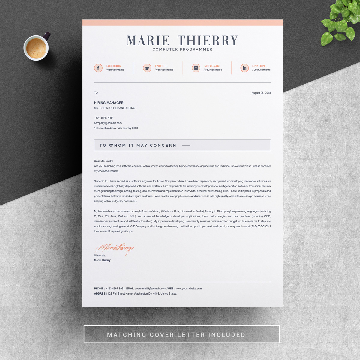 Download Резюме "Marie Resume Template" / Marie Resume Template - Резюме на тему графика 1 page cv resume 2 3 apple clean cover letter curriculum vitae template illustrator eps mac pages microsoft word minimal