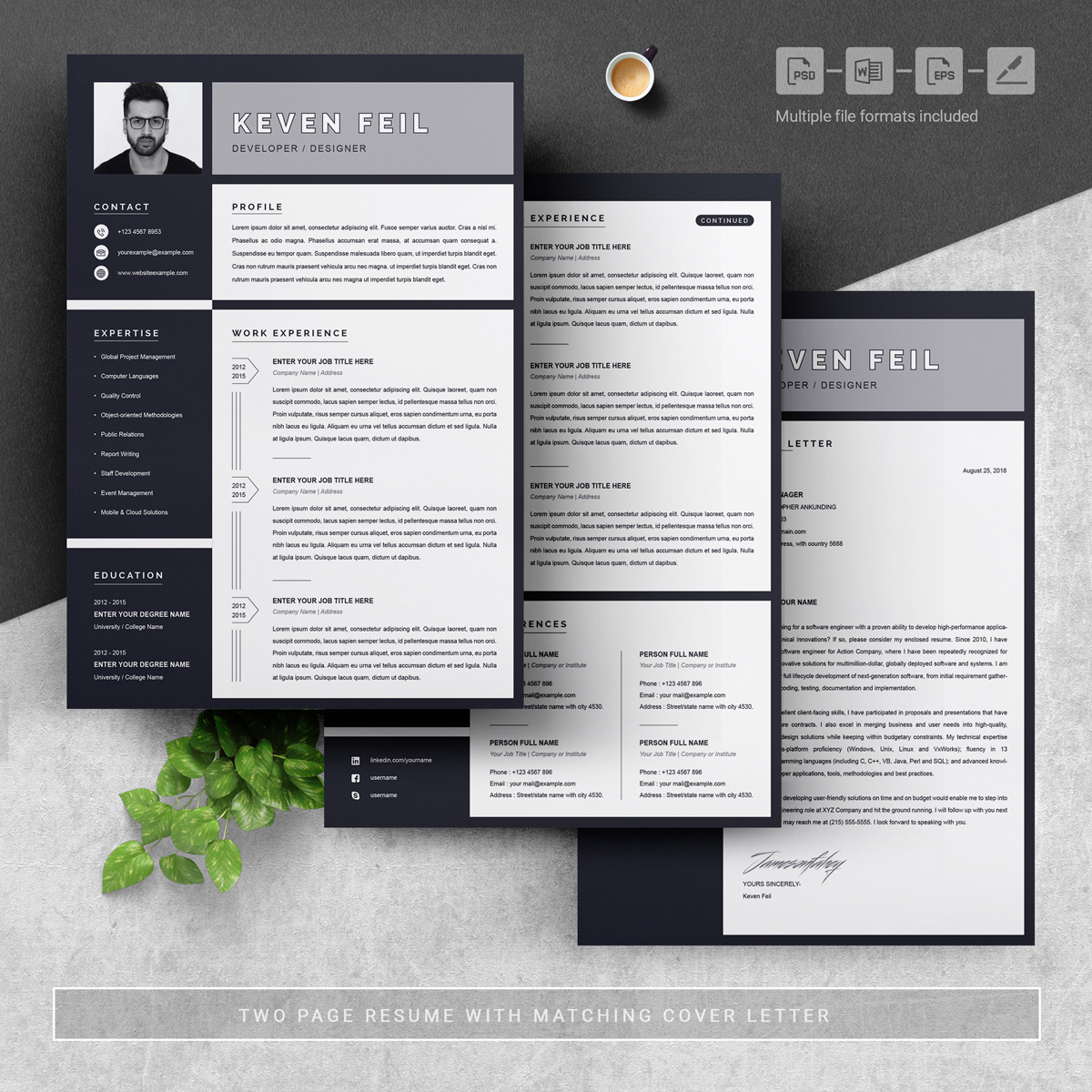 Download Резюме "Keven Resume Template" / Keven Resume Template - Резюме на тему графика 1 page cv resume 2 3 apple clean cover letter curriculum vitae template illustrator eps mac pages microsoft word minimal