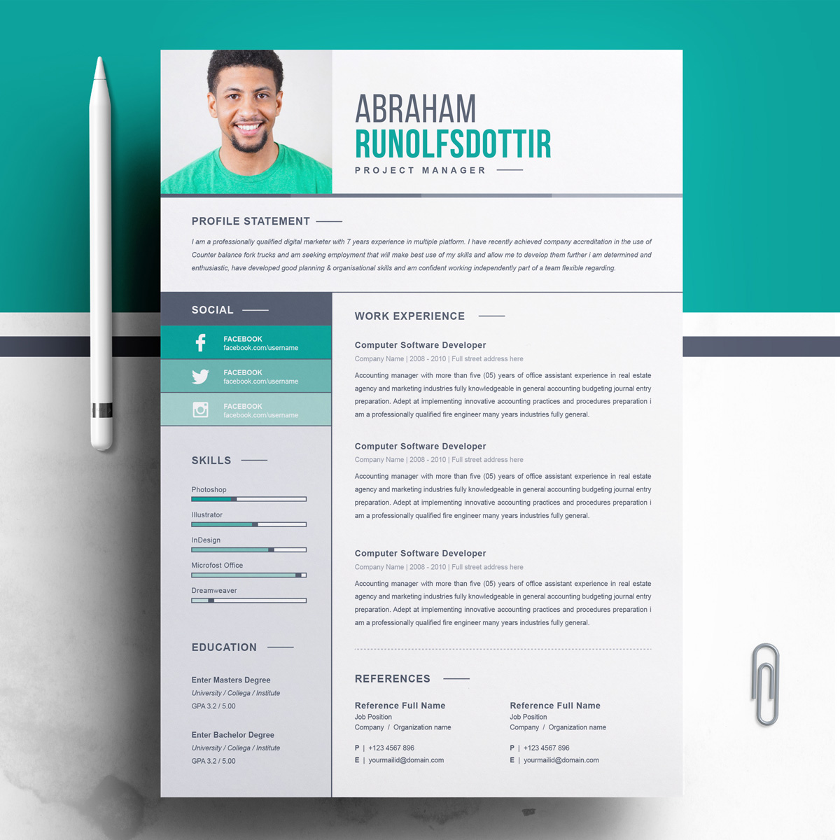 Download Резюме "Abraham Resume Template" / Abraham Resume Template - Резюме на тему графика 1 page cv resume 2 3 apple clean cover letter curriculum vitae template illustrator eps mac pages microsoft word minimal
