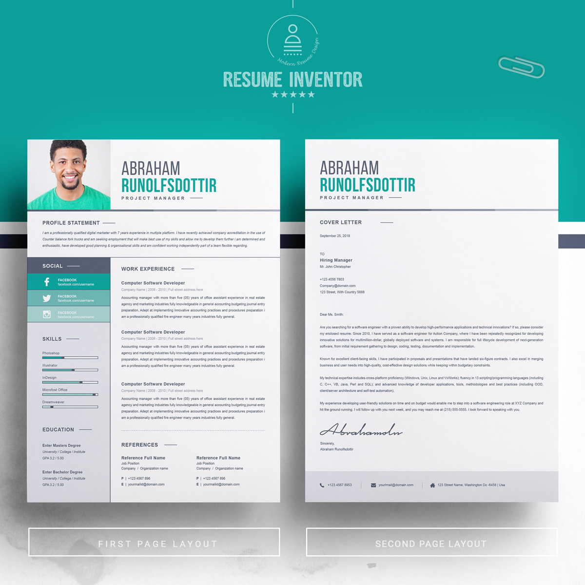 Download Резюме "Abraham Resume Template" / Abraham Resume Template - Резюме на тему графика 1 page cv resume 2 3 apple clean cover letter curriculum vitae template illustrator eps mac pages microsoft word minimal