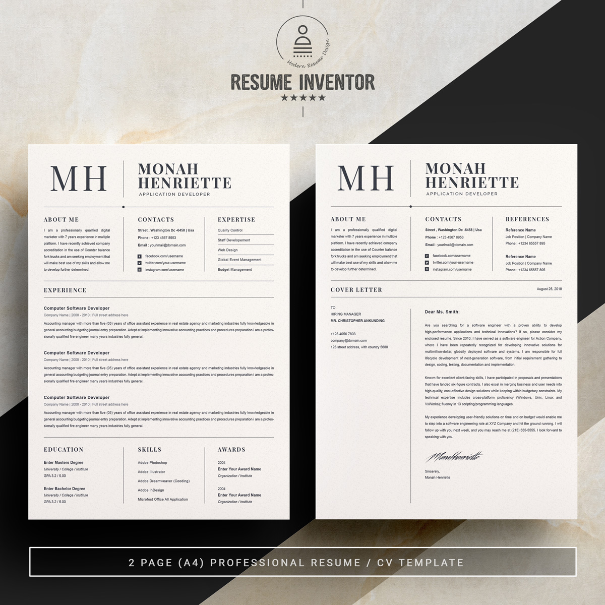 Download Резюме "Monha Resume Template" / Monha Resume Template - Резюме на тему графика 1 page cv resume 2 3 apple clean cover letter curriculum vitae template illustrator eps mac pages microsoft word minimal