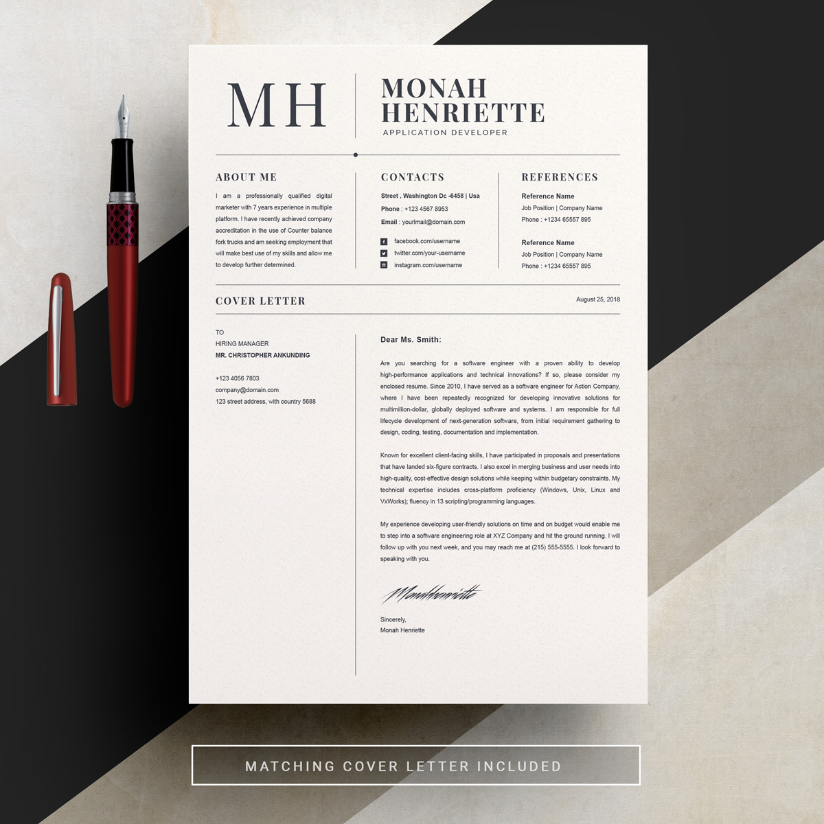 Download Резюме "Monha Resume Template" / Monha Resume Template - Резюме на тему графика 1 page cv resume 2 3 apple clean cover letter curriculum vitae template illustrator eps mac pages microsoft word minimal