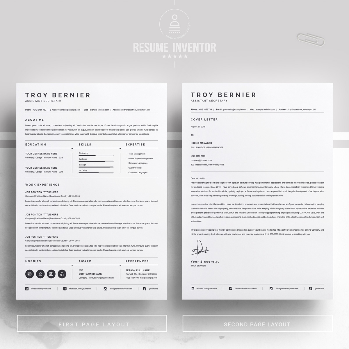 Download Резюме "Troy Bernier Resume Template" / Troy Bernier Resume Template - Резюме на тему графика 1 page cv resume 2 3 apple clean cover letter curriculum vitae template illustrator eps mac pages microsoft word minimal