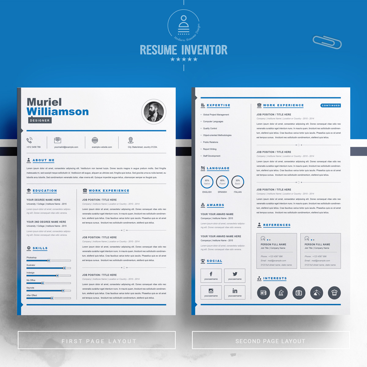 Download Резюме "Muriel Resume Template" / Muriel Resume Template - Резюме на тему графика 1 page cv resume 2 3 apple clean cover letter curriculum vitae template illustrator eps mac pages microsoft word minimal
