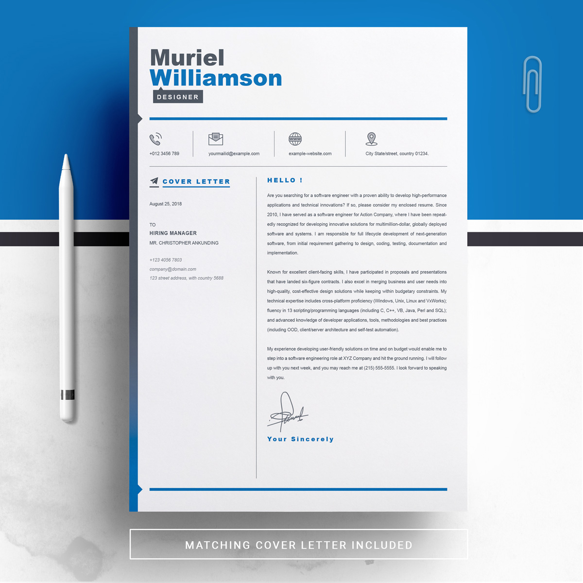 Download Резюме "Muriel Resume Template" / Muriel Resume Template - Резюме на тему графика 1 page cv resume 2 3 apple clean cover letter curriculum vitae template illustrator eps mac pages microsoft word minimal