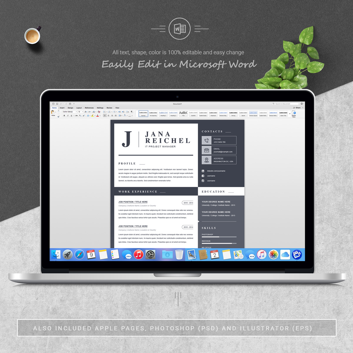 Download Резюме "Jana Resume Template" / Jana Resume Template - Резюме на тему графика 1 page cv resume 2 3 apple clean cover letter curriculum vitae template illustrator eps mac pages microsoft word minimal