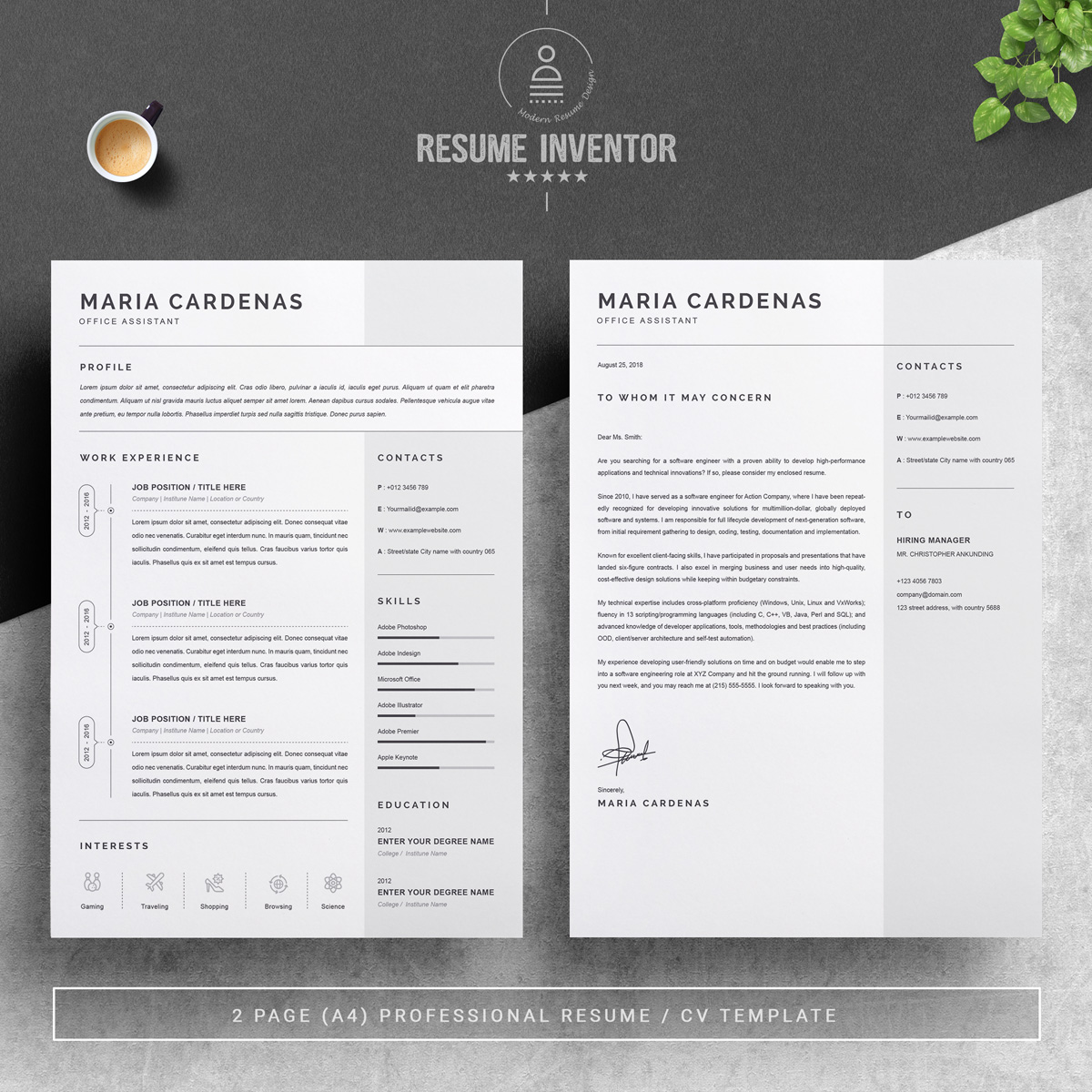 Download Резюме "Maria Resume Template" / Maria Resume Template - Резюме на тему графика 1 page resume 2 clean cv cover letter design template illustrator eps mac pages microsoft word modern photoshop psd professional