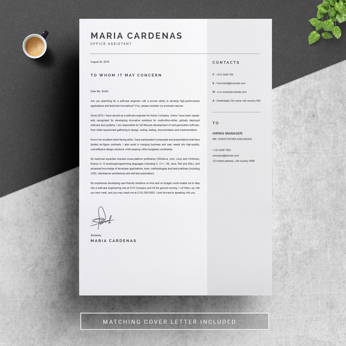 Download Резюме "Maria Resume Template" / Maria Resume Template - Резюме на тему графика 1 page resume 2 clean cv cover letter design template illustrator eps mac pages microsoft word modern photoshop psd professional