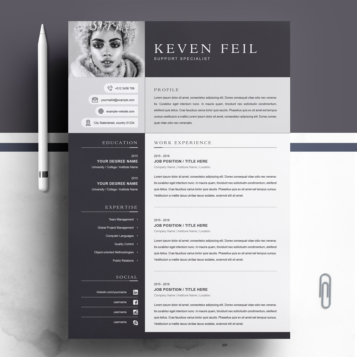 Download Резюме "Keven Resume Template" / Keven Resume Template - Резюме на тему графика 1 page resume 2 3 clean cover letter curriculum vitae cv template illustrator eps mac pages microsoft word minimal resume