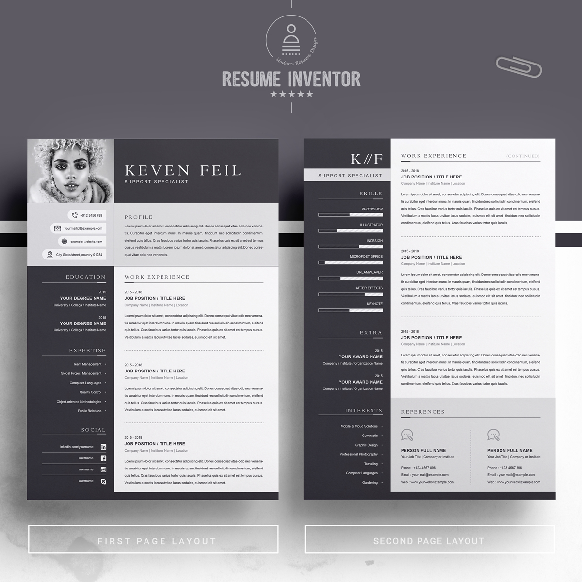 Download Резюме "Keven Resume Template" / Keven Resume Template - Резюме на тему графика 1 page resume 2 3 clean cover letter curriculum vitae cv template illustrator eps mac pages microsoft word minimal resume
