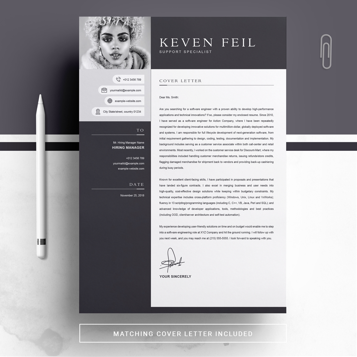 Download Резюме "Keven Resume Template" / Keven Resume Template - Резюме на тему графика 1 page resume 2 3 clean cover letter curriculum vitae cv template illustrator eps mac pages microsoft word minimal resume