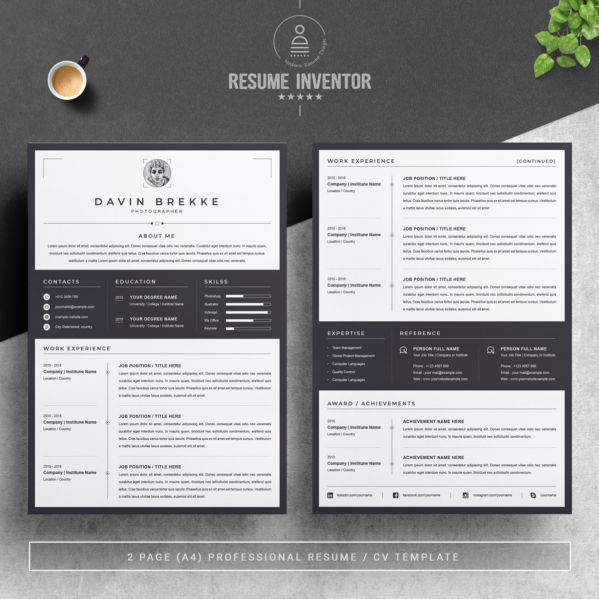 Download Резюме "Davin Resume Template" / Davin Resume Template - Резюме на тему графика 1 page resume 2 3 clean cover letter curriculum vitae cv template illustrator eps mac pages microsoft word minimal resume