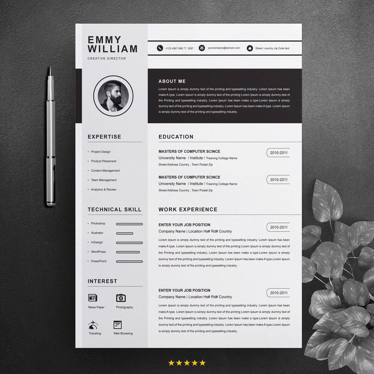 Download Резюме "Emmy William Resume Template" / Emmy William Resume Template - Резюме на тему графика 1 page resume 2 clean cv cover letter design template illustrator eps mac pages microsoft word modern photoshop psd professional