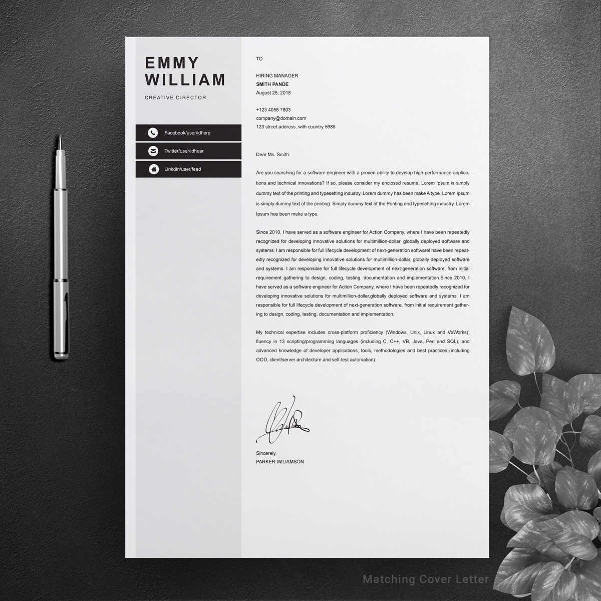 Download Резюме "Emmy William Resume Template" / Emmy William Resume Template - Резюме на тему графика 1 page resume 2 clean cv cover letter design template illustrator eps mac pages microsoft word modern photoshop psd professional