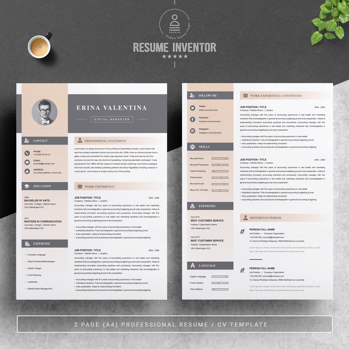Download Резюме "Erina Resume Template" / Erina Resume Template - Резюме на тему графика 1 page resume 2 clean cv cover letter design template illustrator eps mac pages microsoft word modern photoshop psd professional
