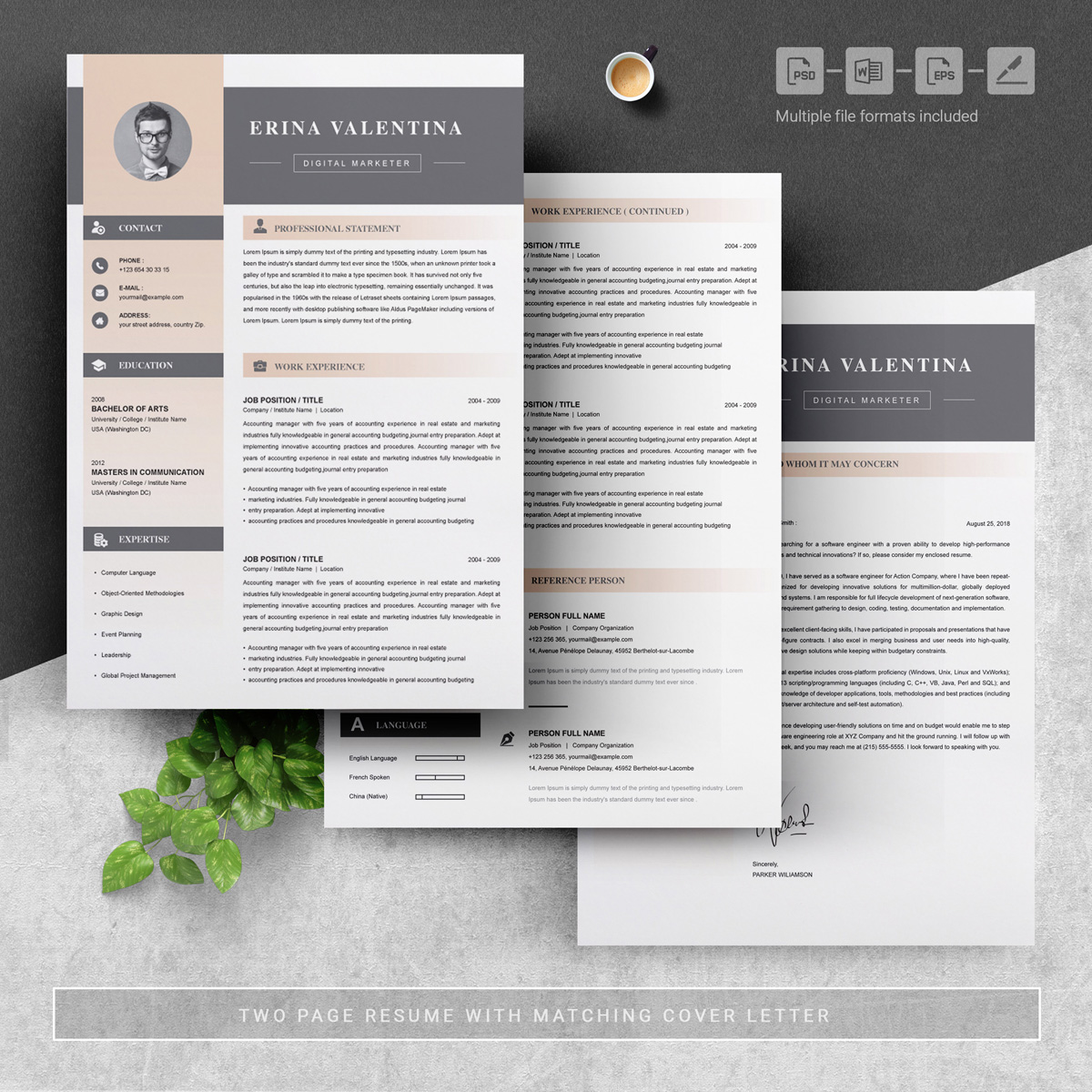 Download Резюме "Erina Resume Template" / Erina Resume Template - Резюме на тему графика 1 page resume 2 clean cv cover letter design template illustrator eps mac pages microsoft word modern photoshop psd professional