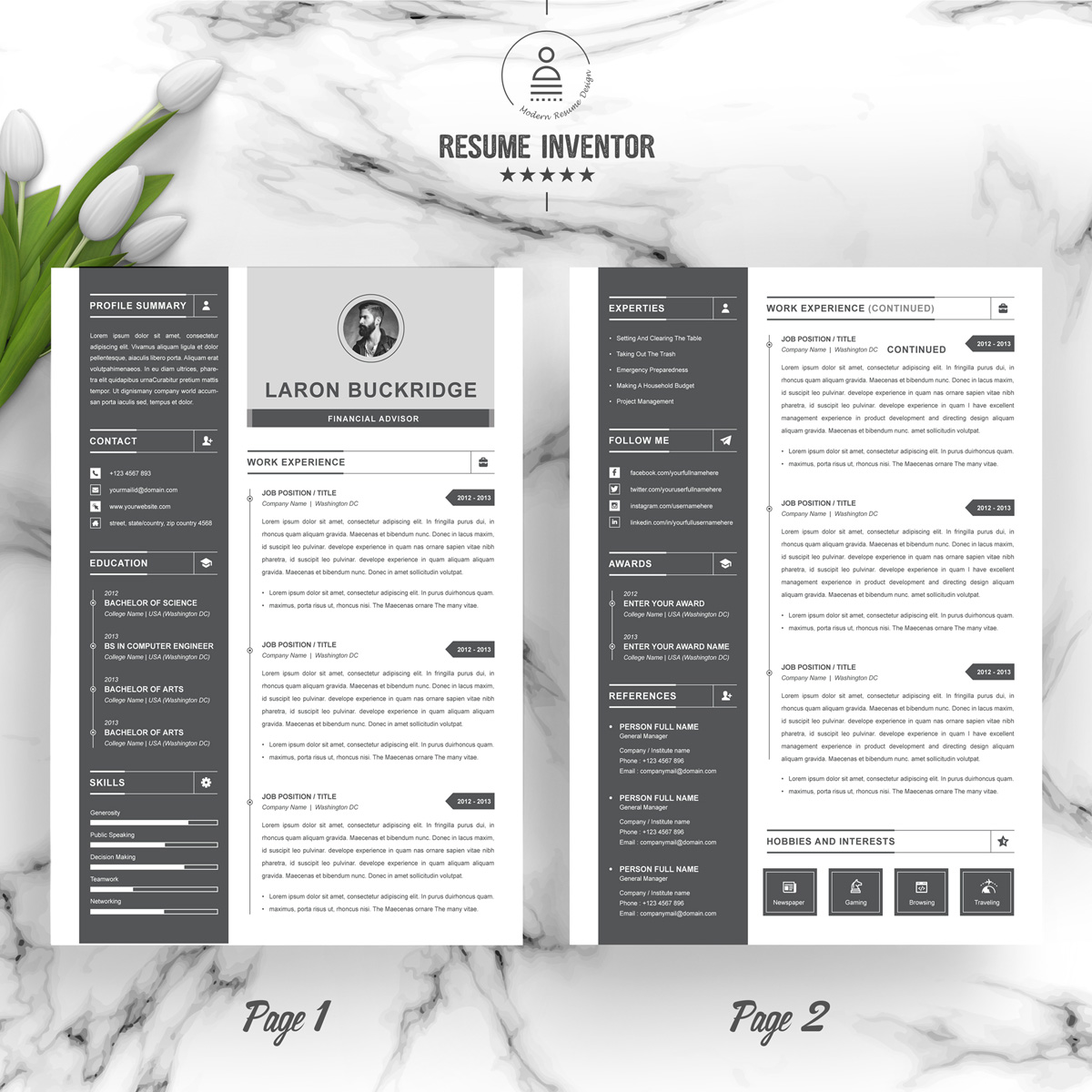 Download Резюме "Laron Resume Template" / Laron Resume Template - Резюме на тему графика 1 page resume 2 3 clean cv cover letter design template illustrator eps mac pages microsoft word modern photoshop psd