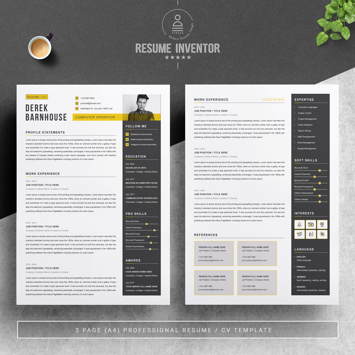Download Резюме "Derek Resume Template" / Derek Resume Template - Резюме на тему графика 1 page resume 2 3 clean cv cover letter design template illustrator eps mac pages microsoft word modern photoshop psd