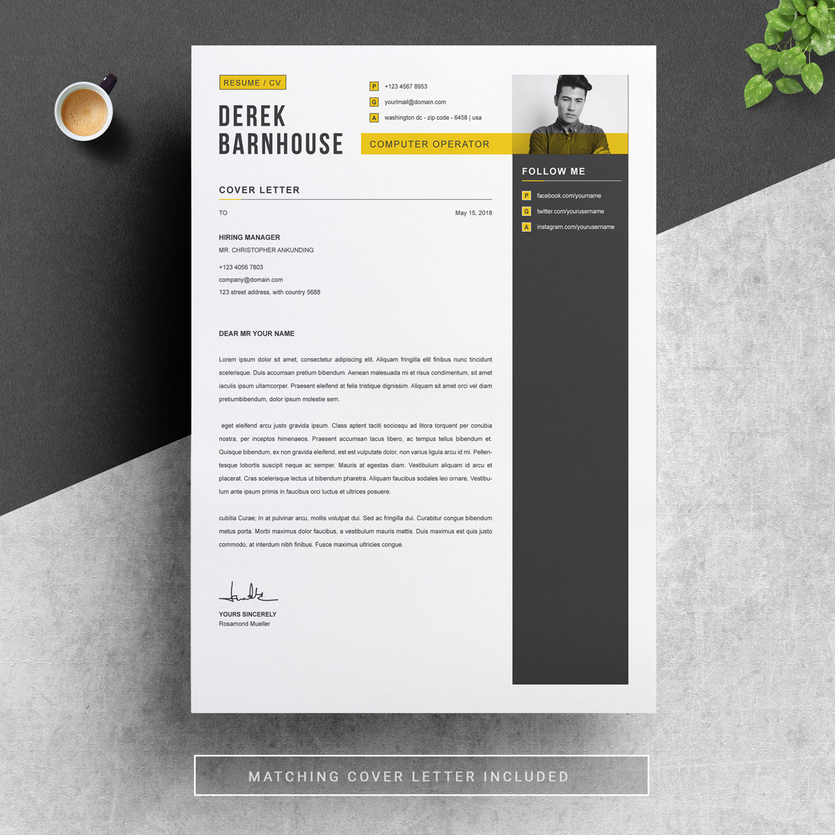 Download Резюме "Derek Resume Template" / Derek Resume Template - Резюме на тему графика 1 page resume 2 3 clean cv cover letter design template illustrator eps mac pages microsoft word modern photoshop psd
