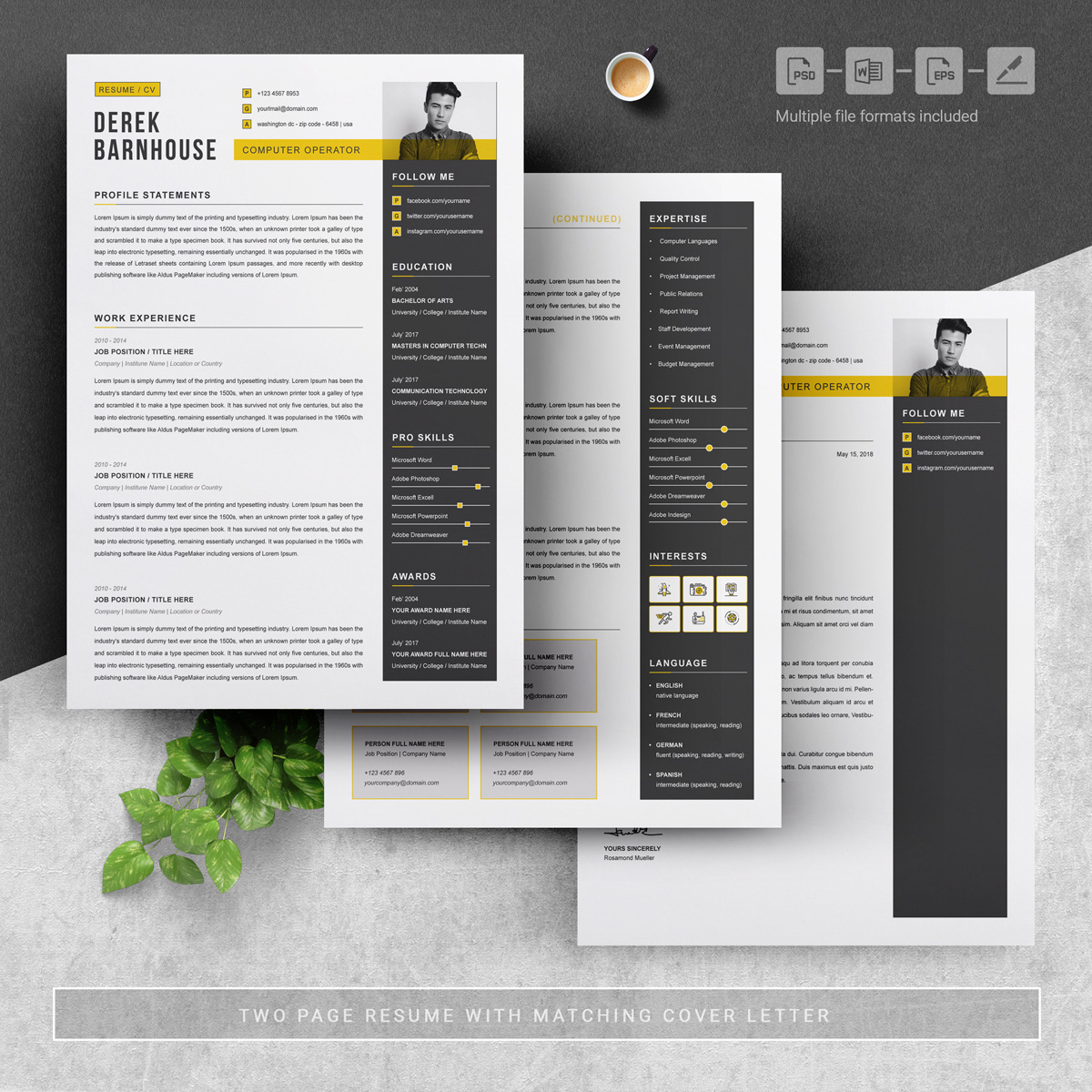 Download Резюме "Derek Resume Template" / Derek Resume Template - Резюме на тему графика 1 page resume 2 3 clean cv cover letter design template illustrator eps mac pages microsoft word modern photoshop psd