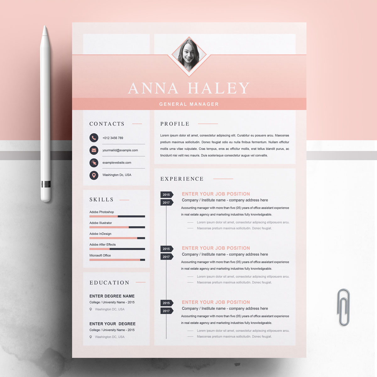 Download Резюме "Anna Resume Template" / Anna Resume Template - Резюме на тему графика 1 page resume 2 clean cv cover letter design template illustrator eps mac pages microsoft word modern photoshop psd professional